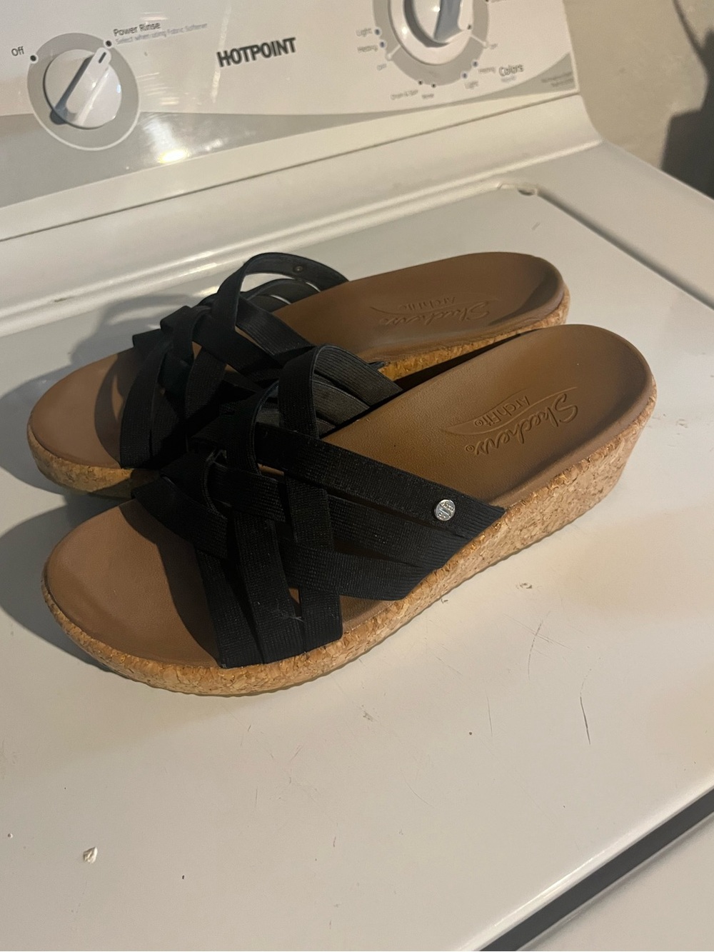 Skechers Black Crisscross Strappy Cork Wedge Slide Sandals Like New